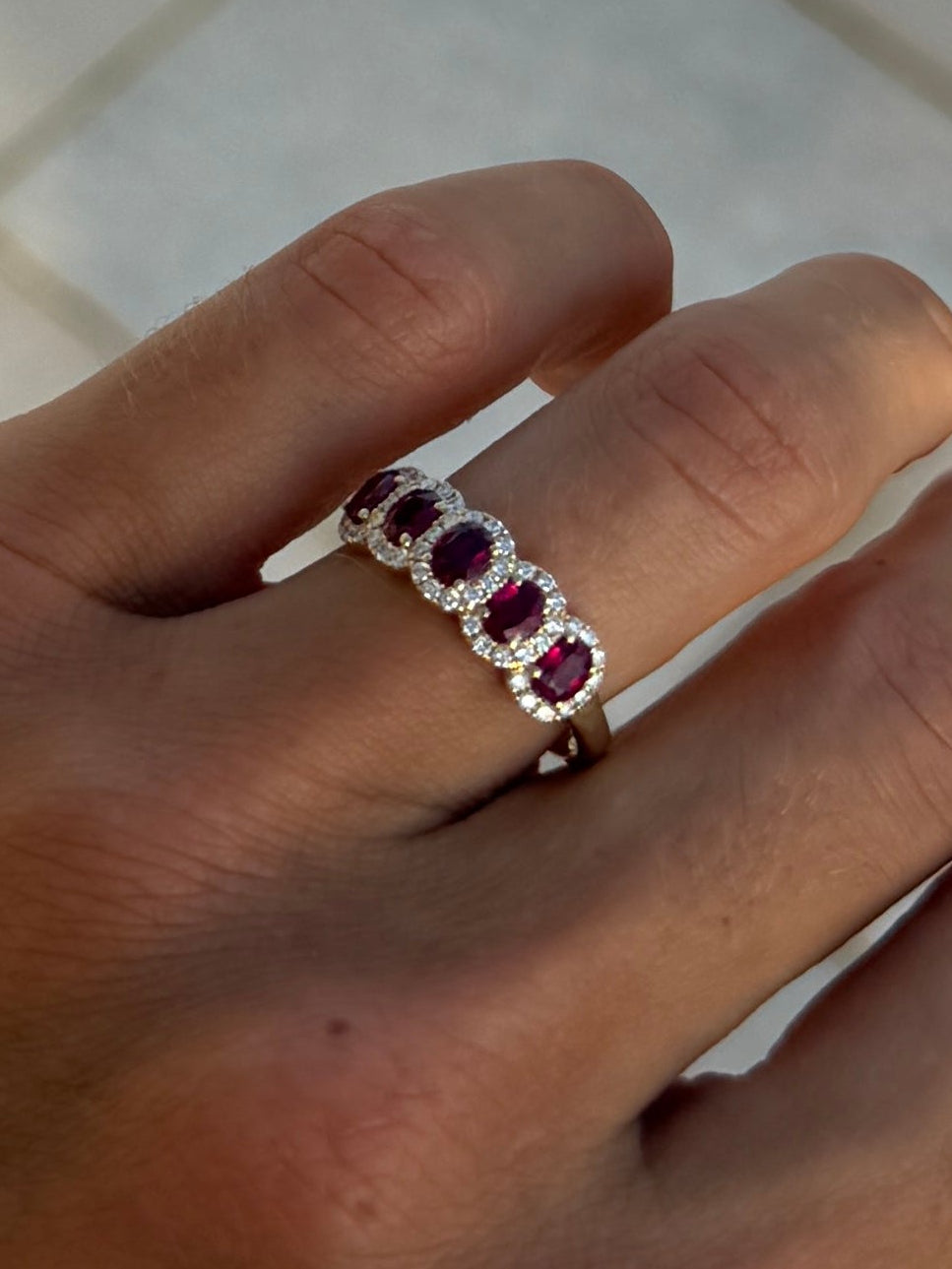 Ruby Five Stone Band with Diamond Halos