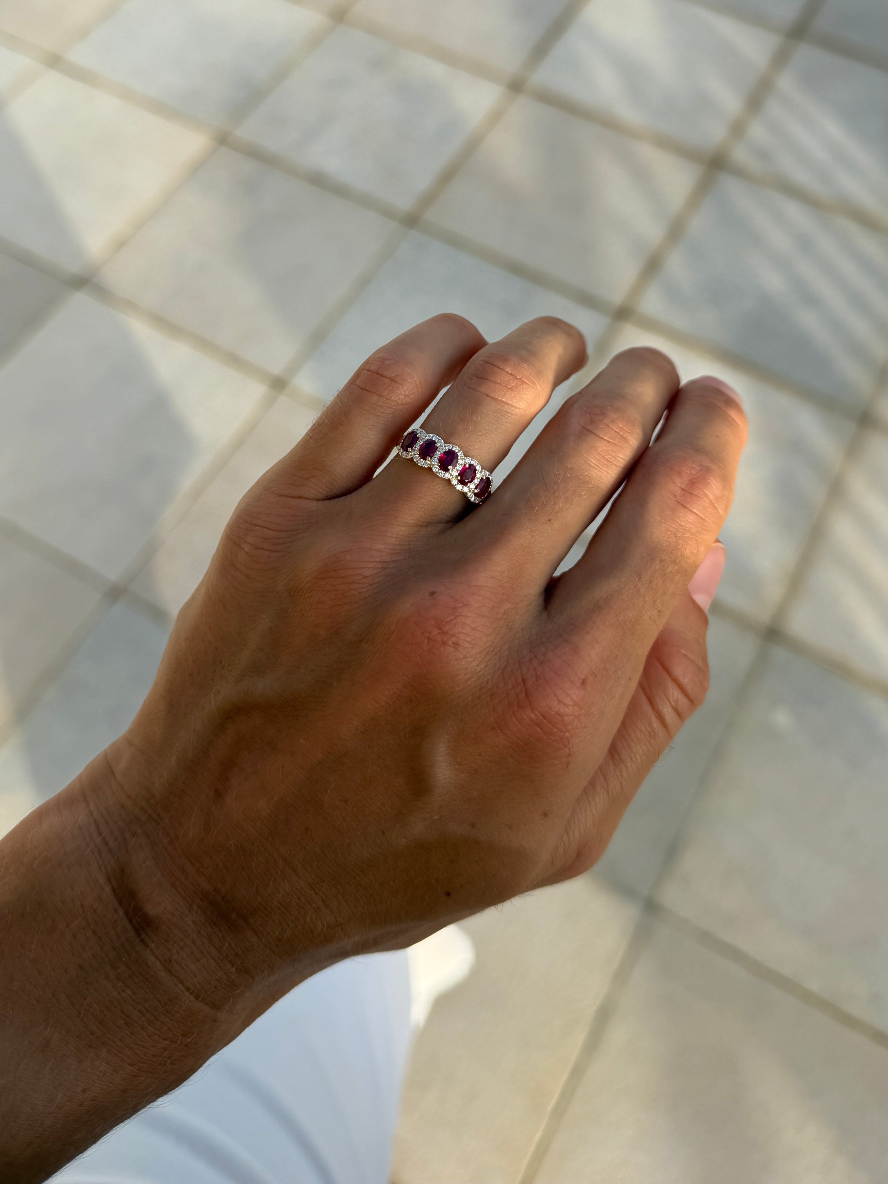 Ruby Five Stone Band with Diamond Halos