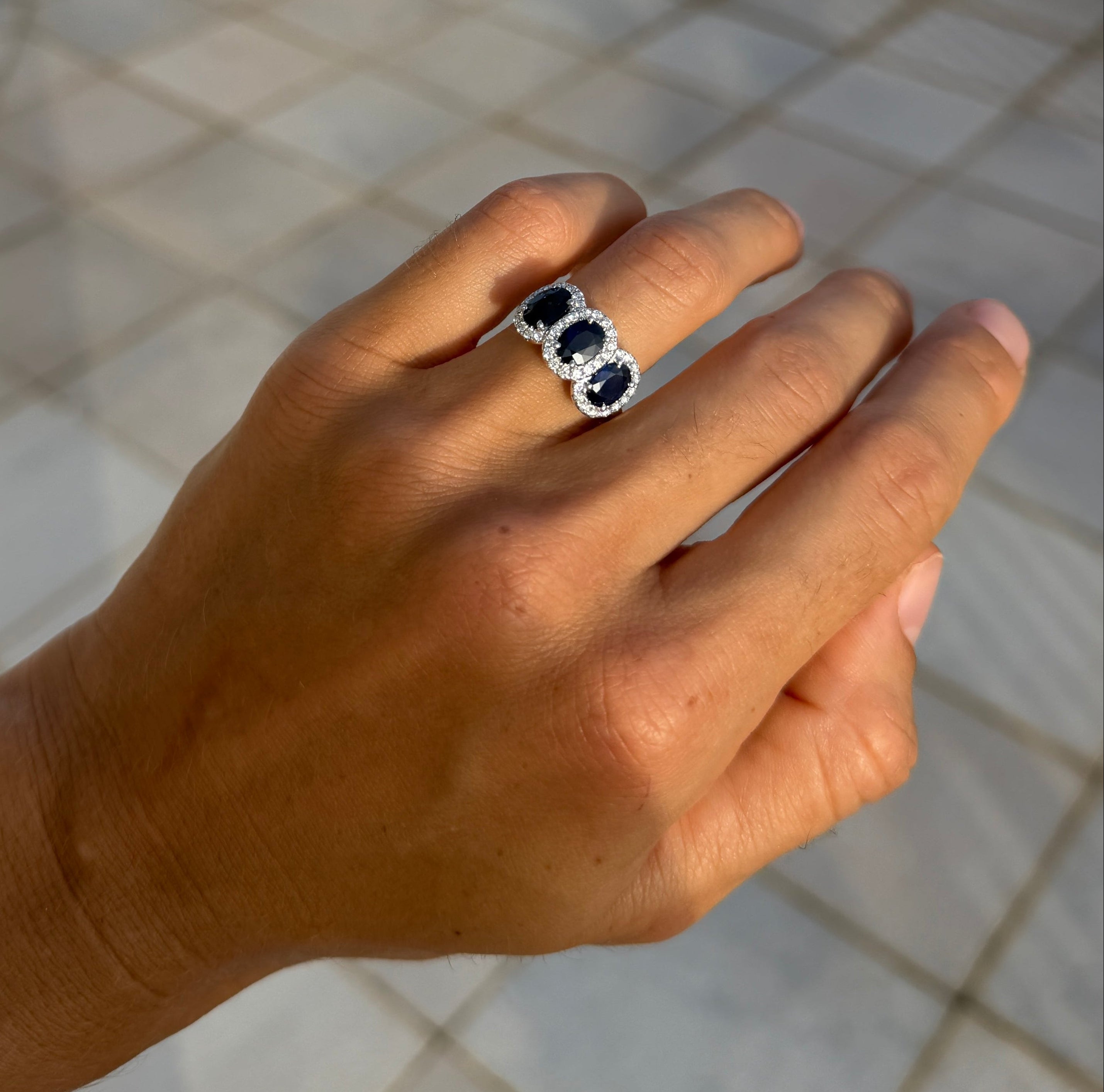 Sapphire Trio Ring with Diamond Halos