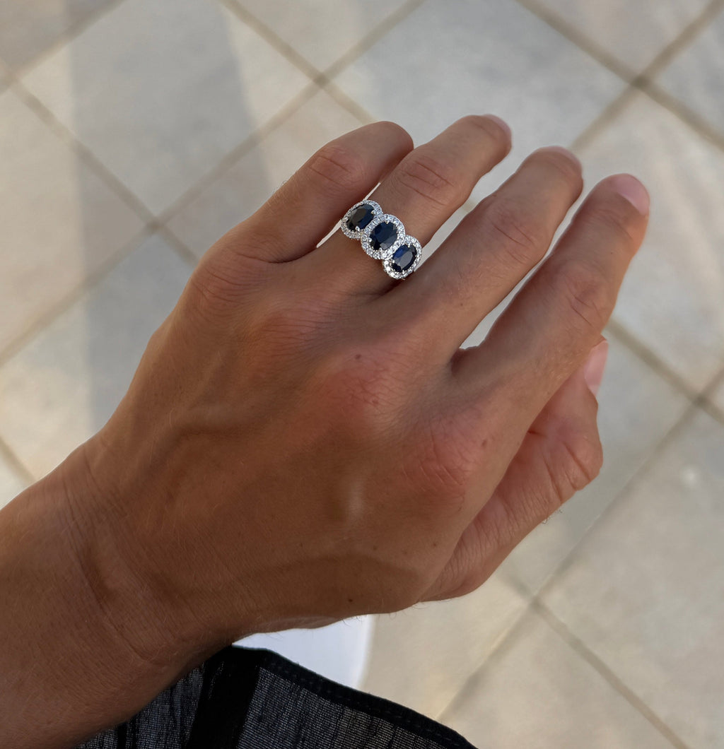 Sapphire Trio Ring with Diamond Halos