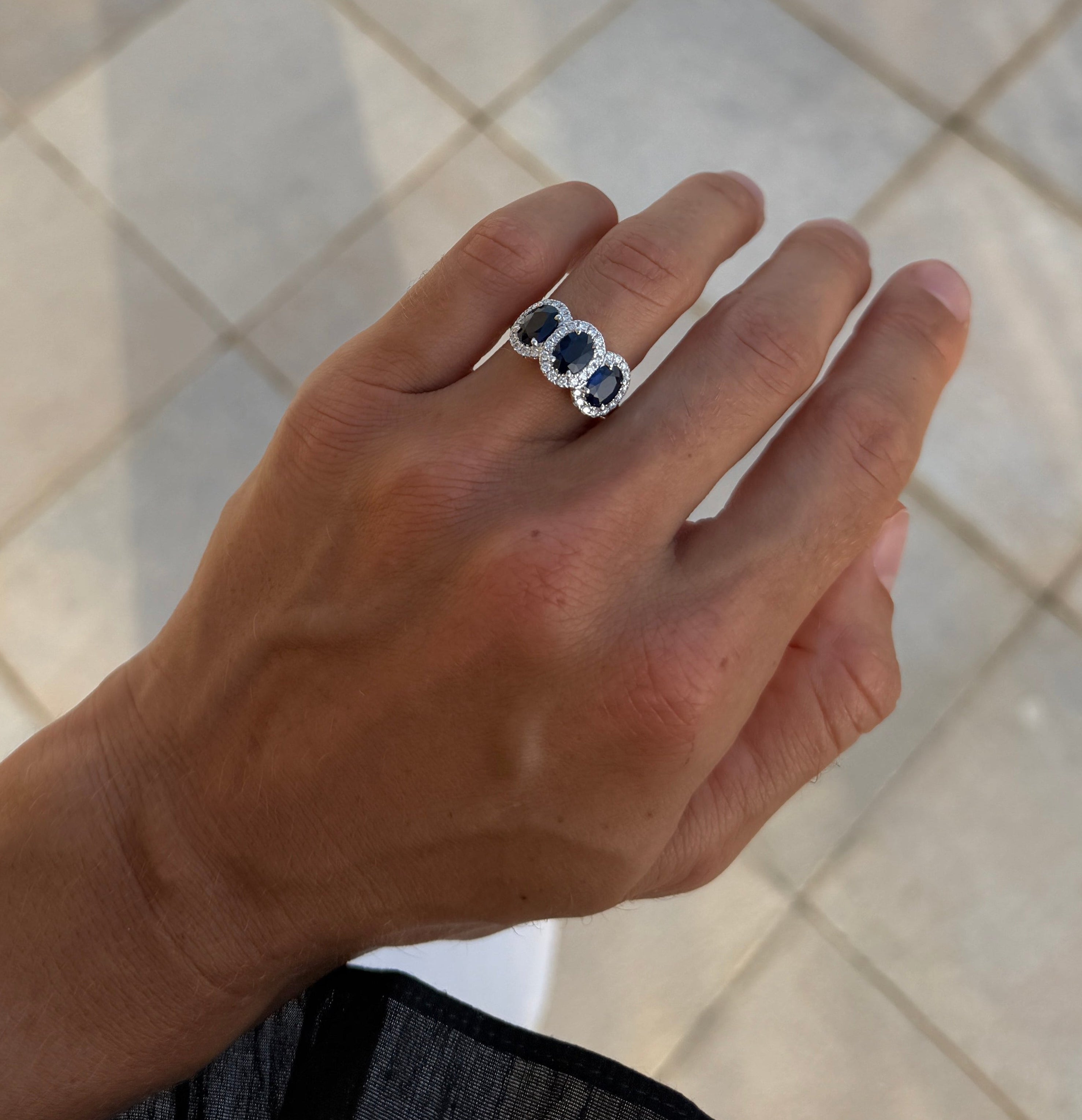 Sapphire Trio Ring with Diamond Halos