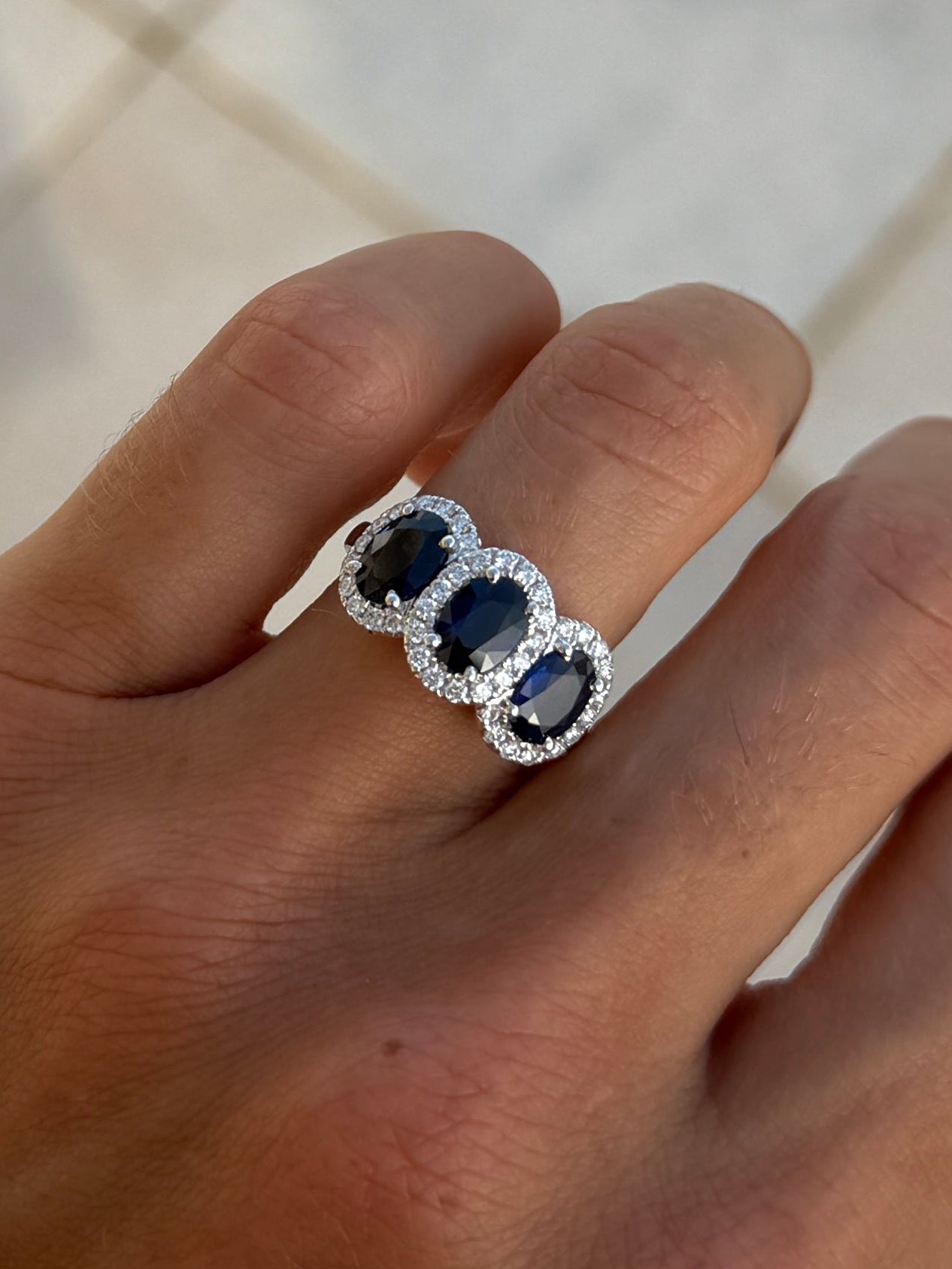 Sapphire Trio Ring with Diamond Halos