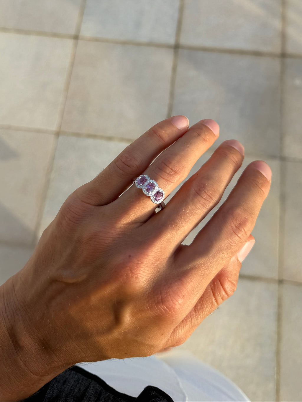 Pink Sapphire Trio Ring with Diamond Halos