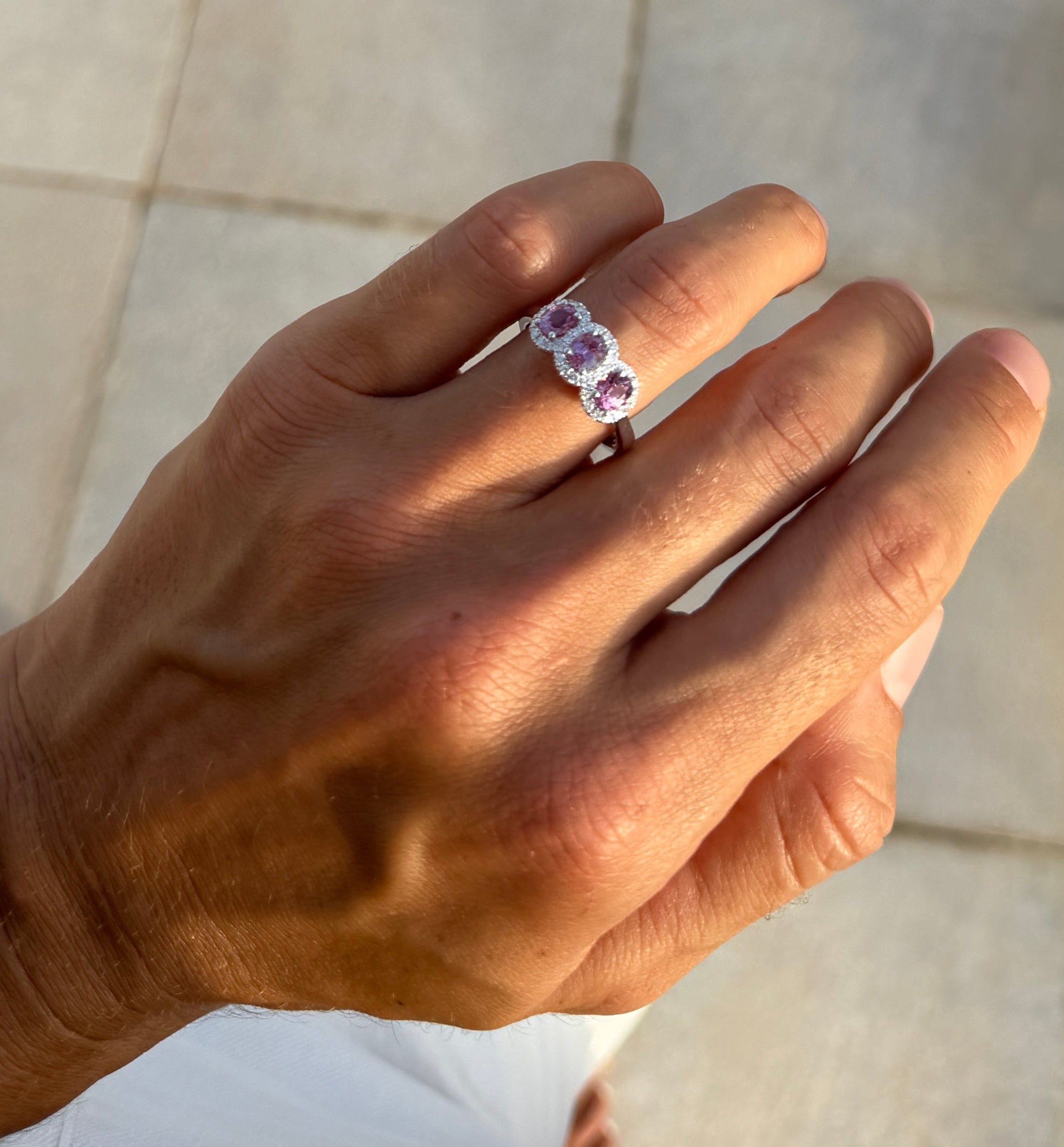 Pink Sapphire Trio Ring with Diamond Halos