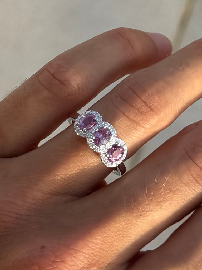 Pink Sapphire Trio Ring with Diamond Halos