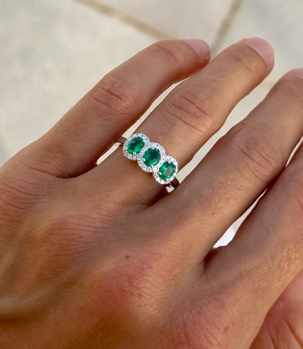 Emerald Trio Ring with Diamond Halos