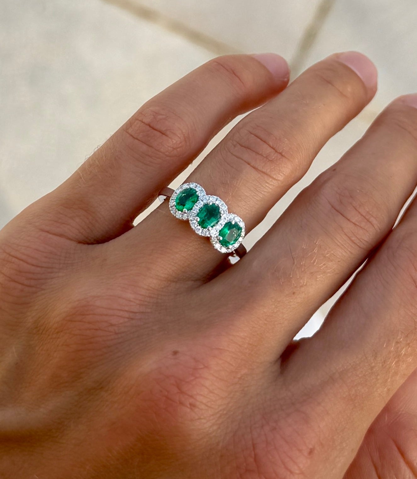 Emerald Trio Ring with Diamond Halos