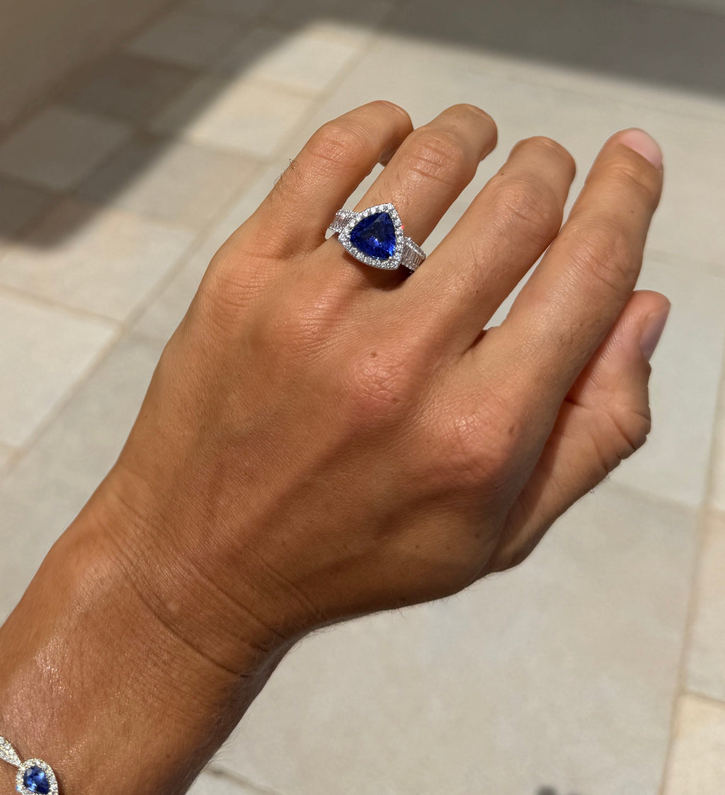 Tanzanite Trillion Cut Cocktail Ring with Diamond Halo and Band