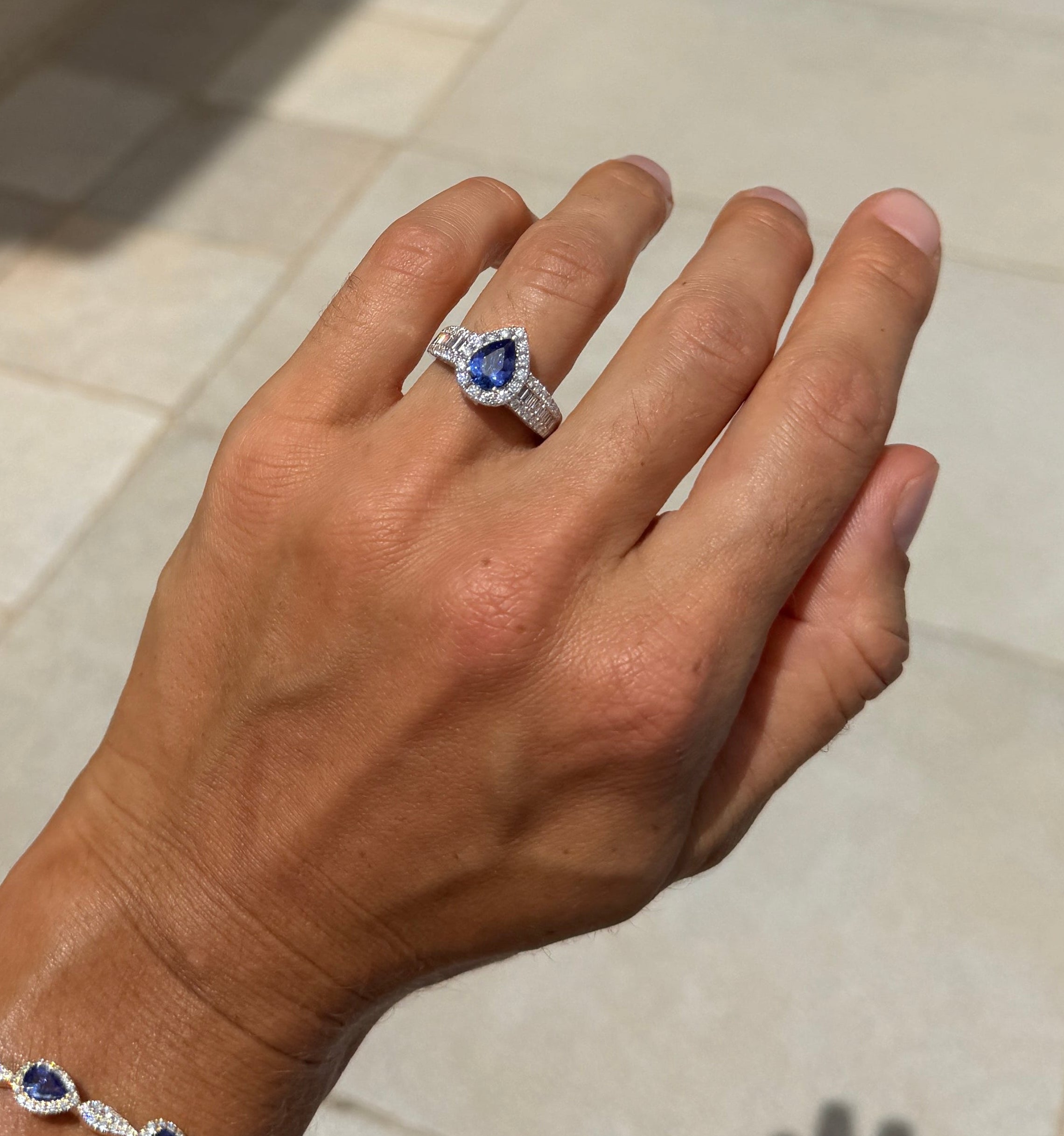 Tanzanite Pear Shaped Ring with Diamond Halo and Band