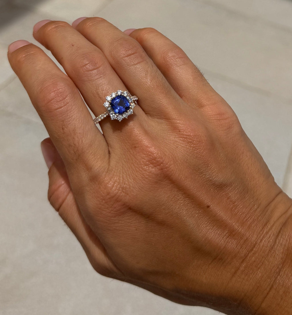 Tanzanite Ring with Diamond Sunburst Halo
