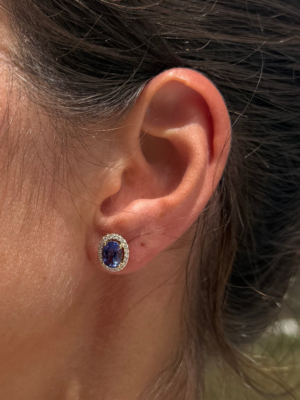 Tanzanite Oval Stud Earrings with Diamond Halo