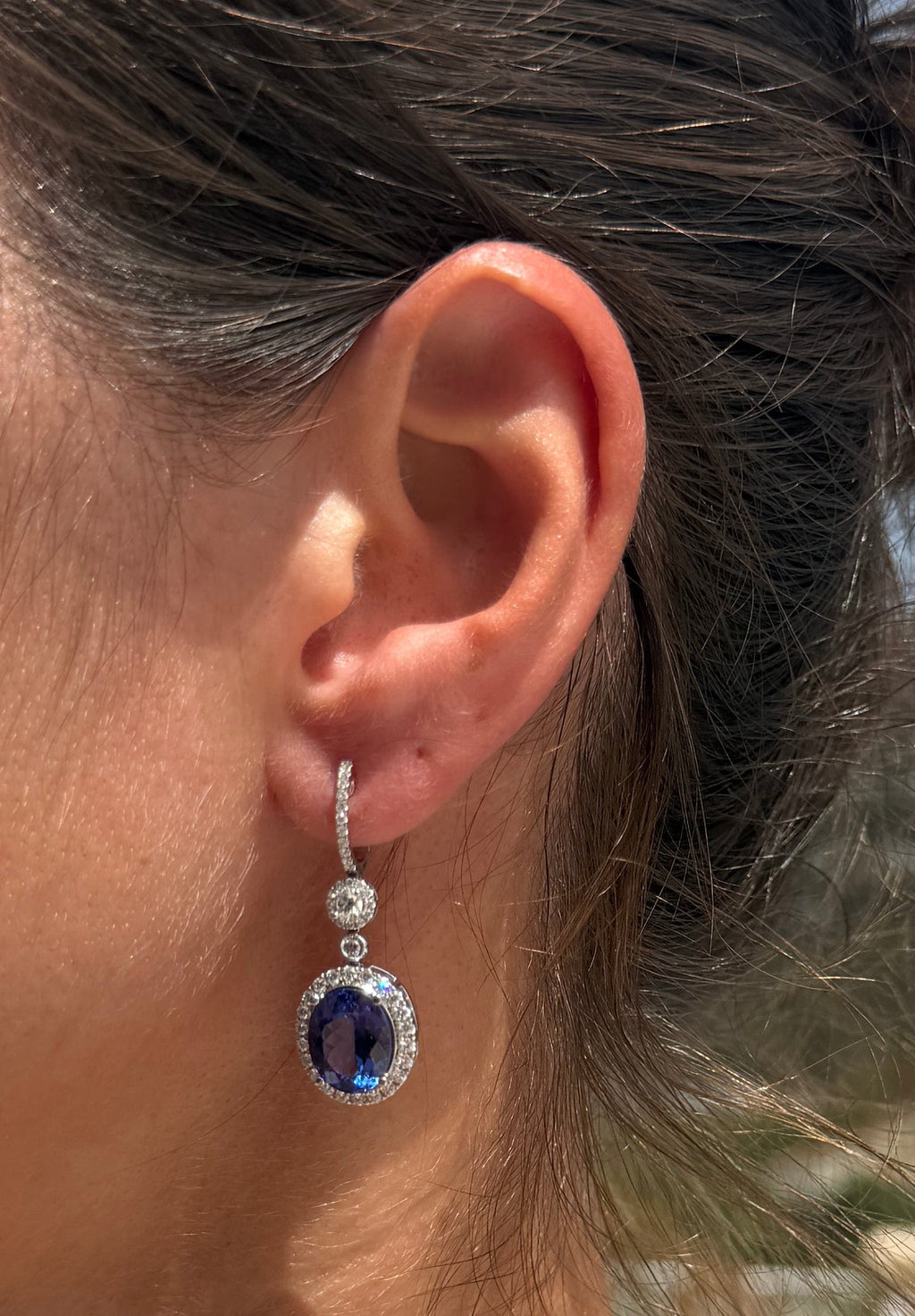 Tanzanite Oval Drop Earrings with Diamond Halo