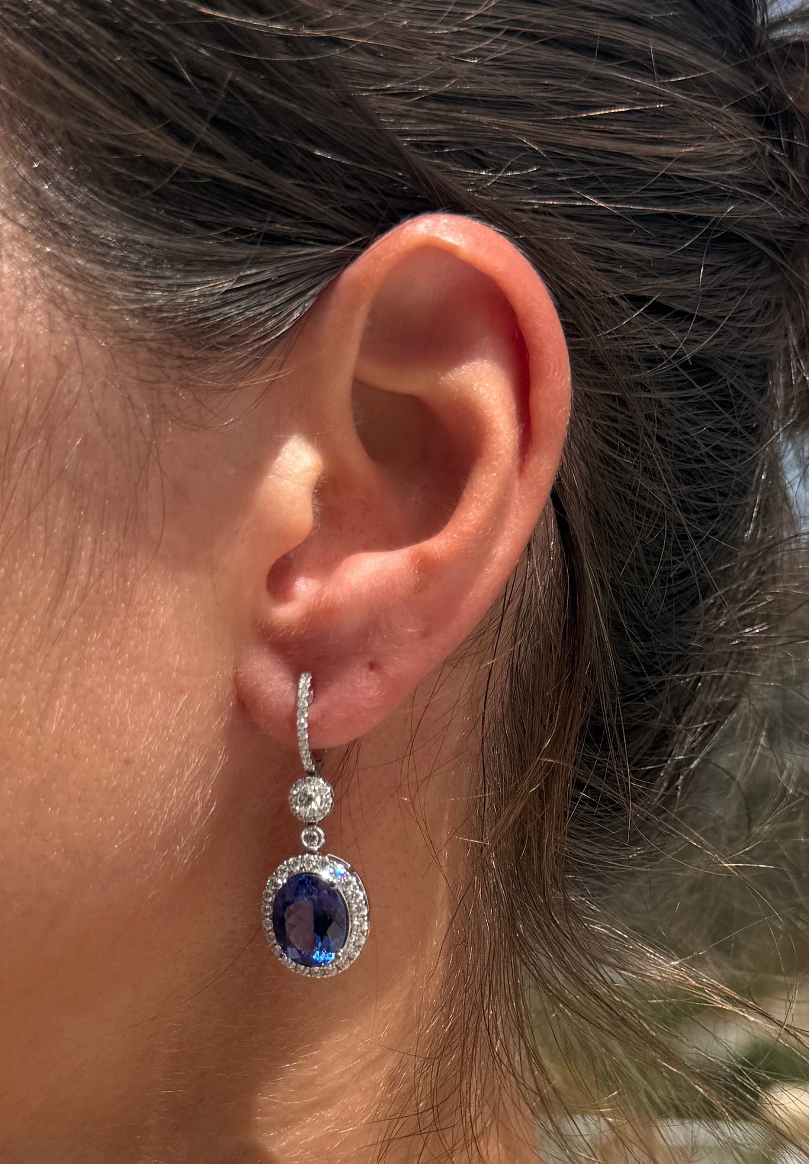 Tanzanite Oval Drop Earrings with Diamond Halo