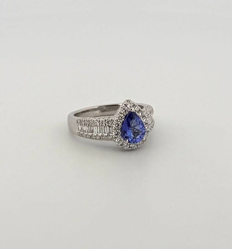 Tanzanite Pear Shaped Ring with Diamond Halo and Band