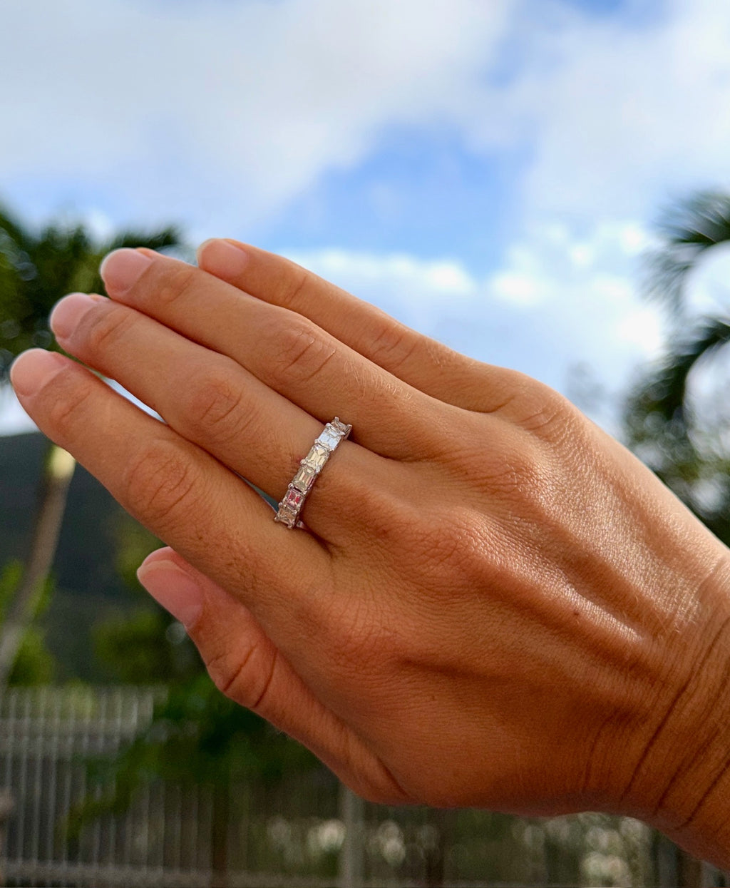 East West Emerald Diamond Ring