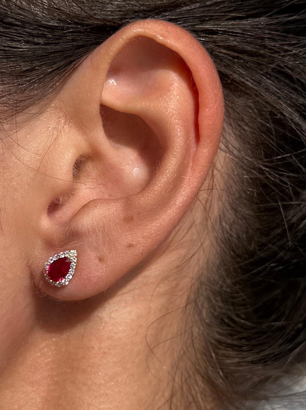 Ruby Pear Studs with Diamond Halos