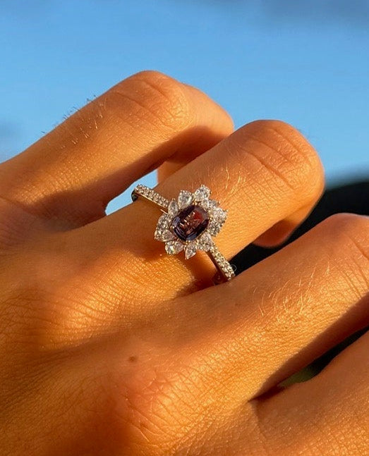 Alexandrite Ring with Pear Cut Diamond Halo