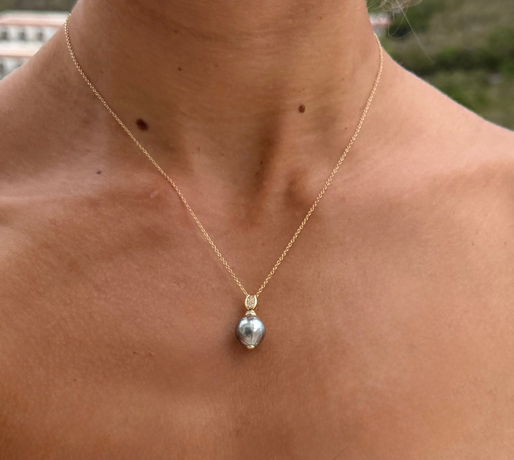 Black Pearl and Diamond Pendant Necklace