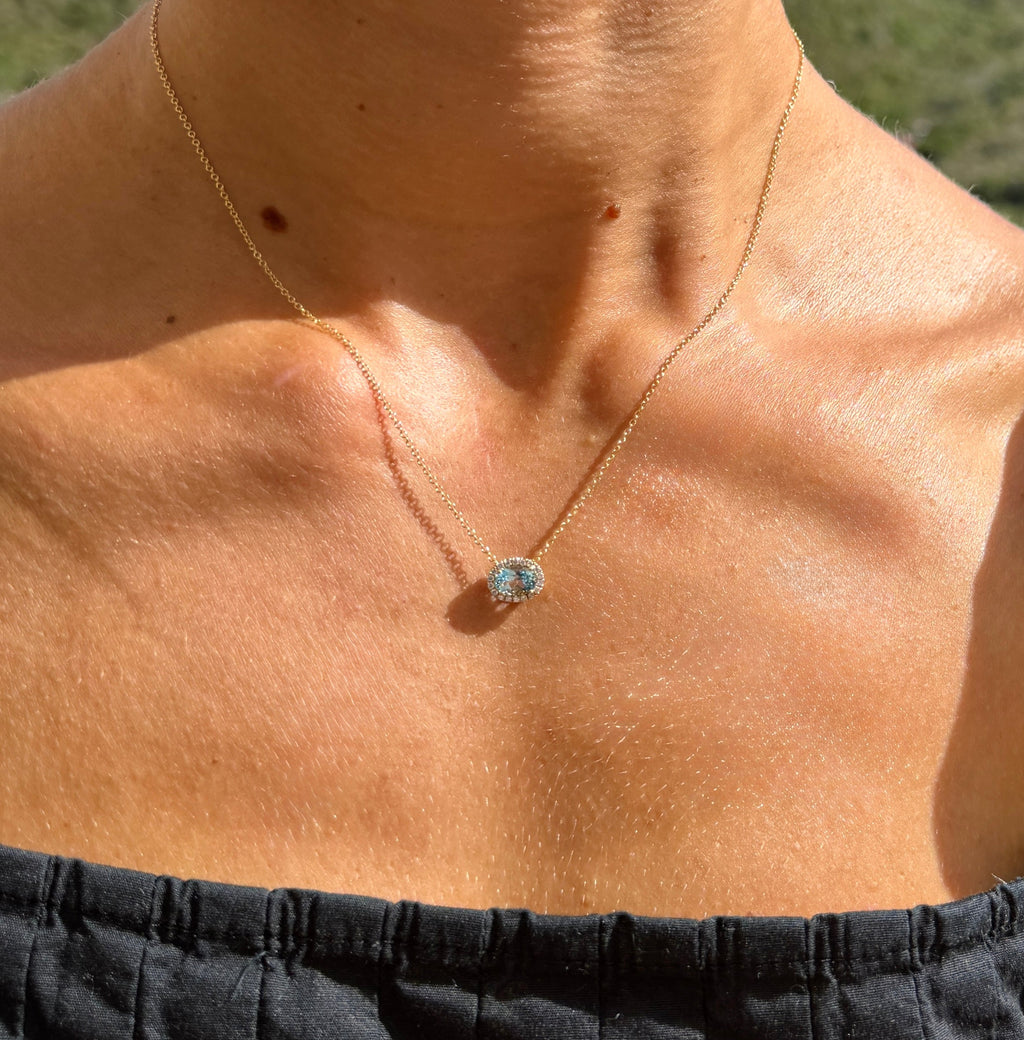 Aquamarine with Diamond Halo Pendant Necklace