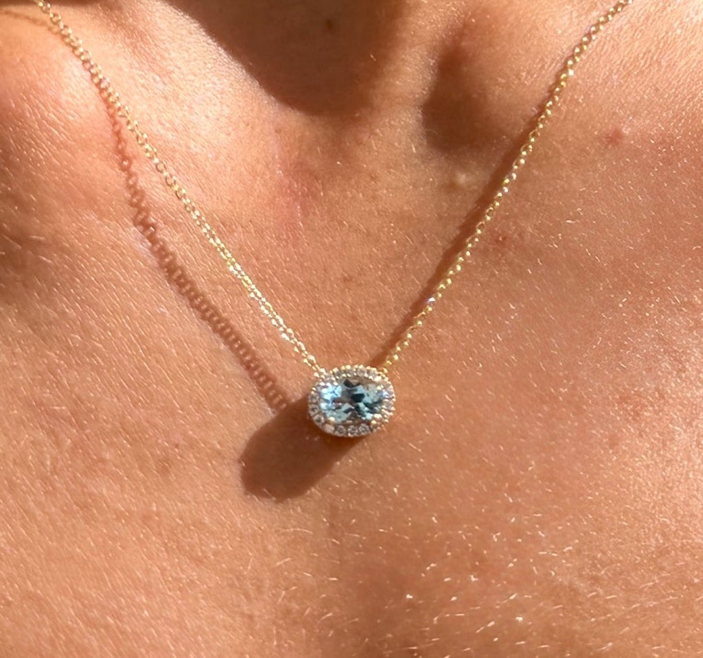 Aquamarine with Diamond Halo Pendant Necklace
