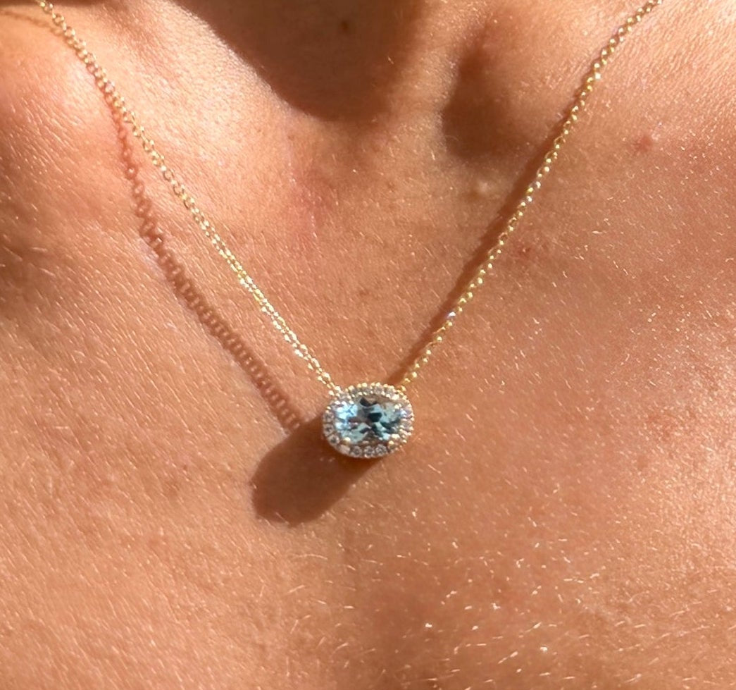 Aquamarine with Diamond Halo Pendant Necklace