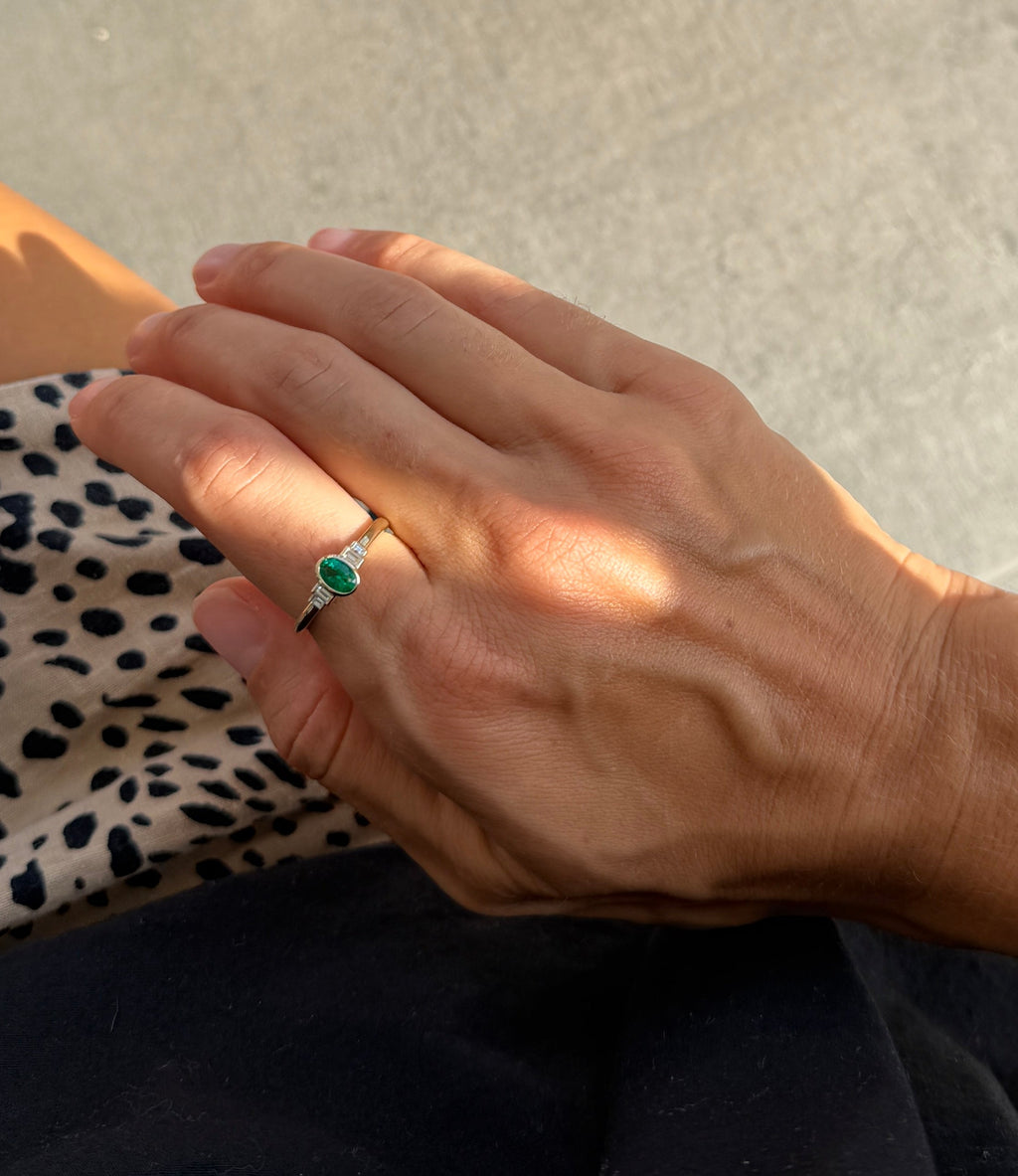 Emerald and Diamond Baguettes Bezel Ring