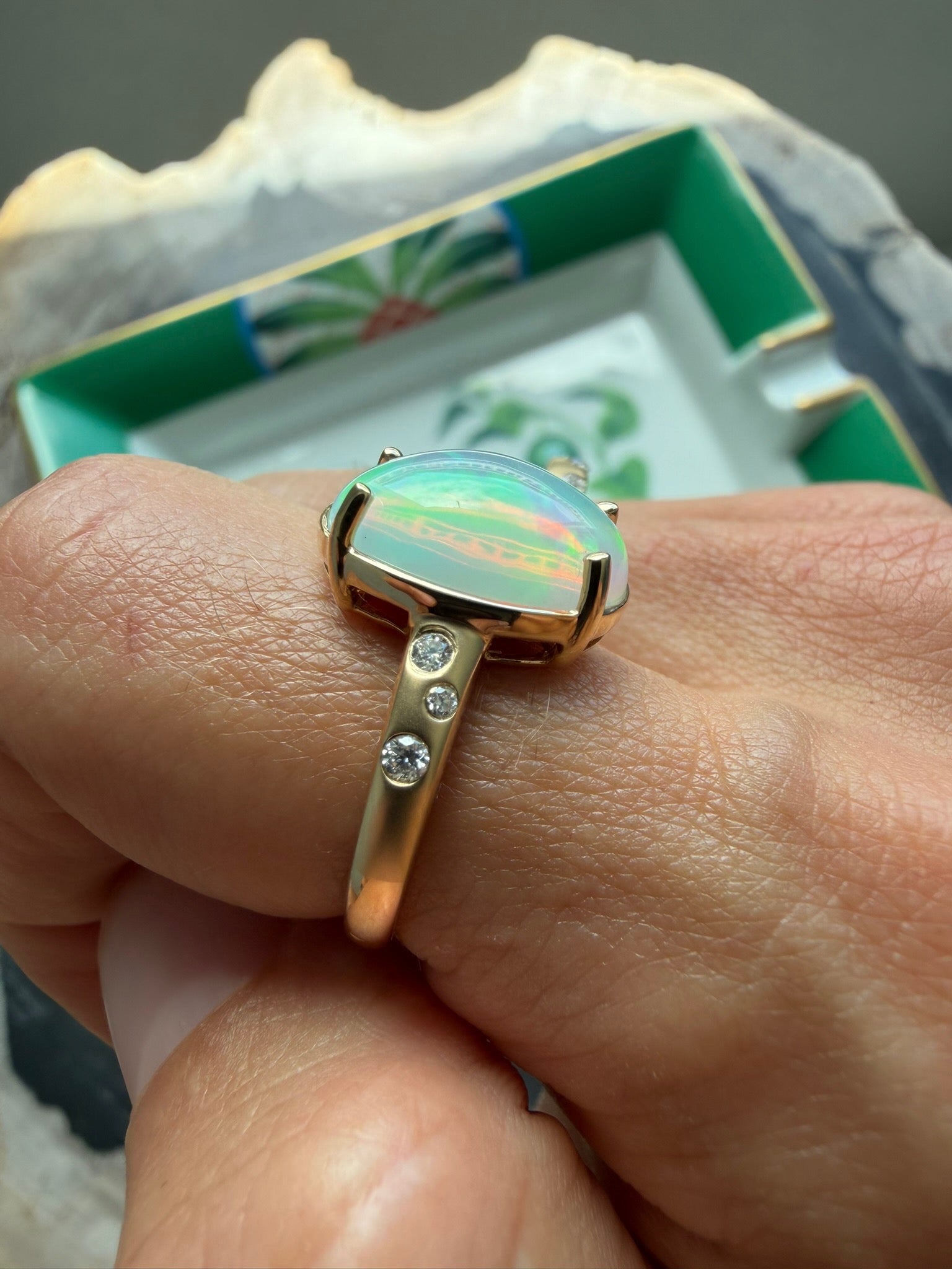 Opal and Brushed Gold Diamond Cocktail Ring - PREORDER