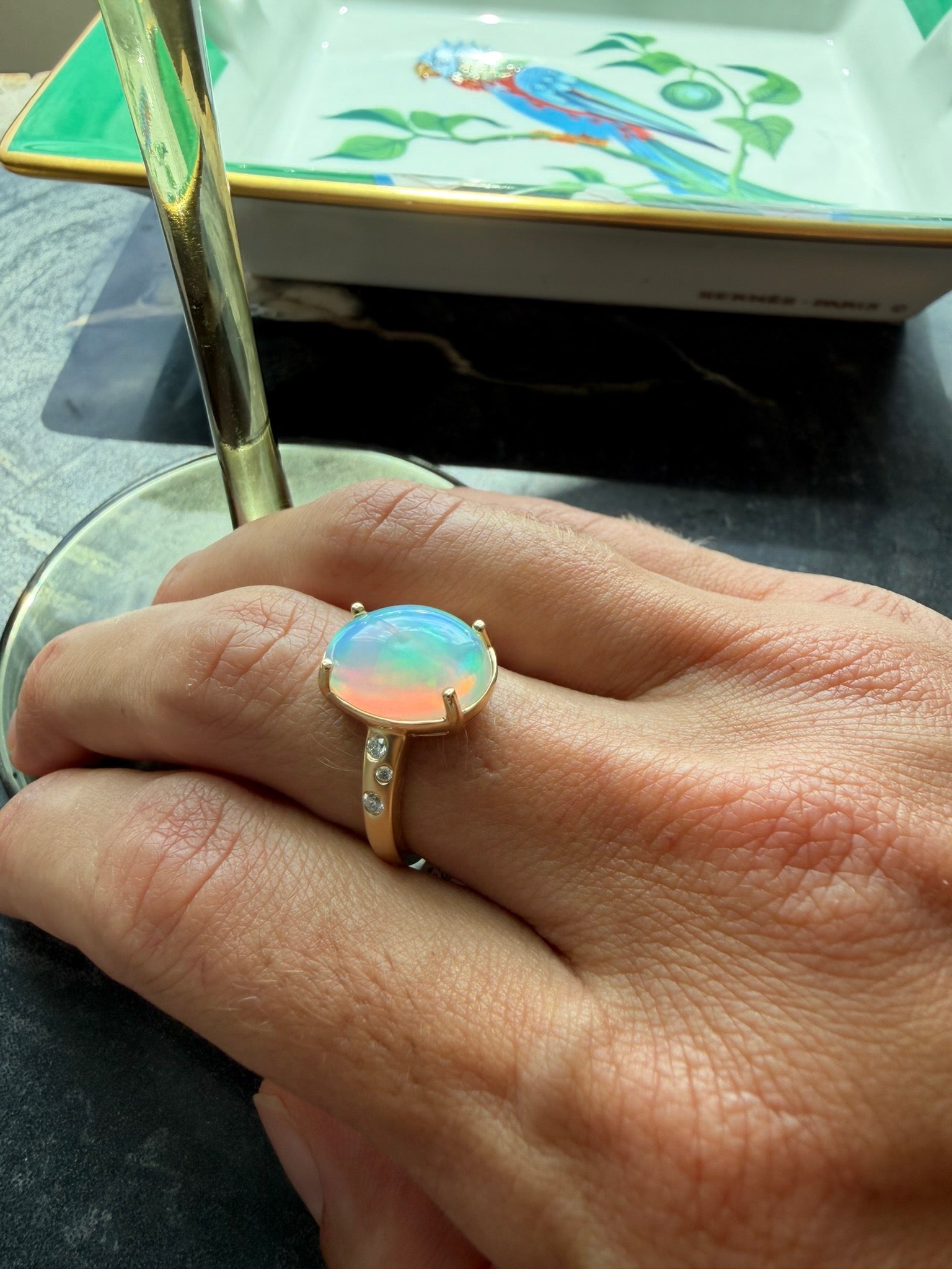 Opal and Brushed Gold Diamond Cocktail Ring - PREORDER