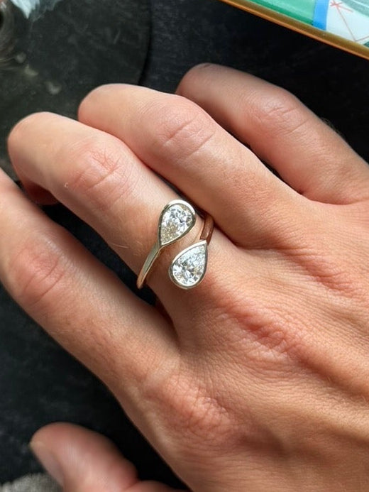Two Stone Pear Lab Diamond Bezel Wrap Ring