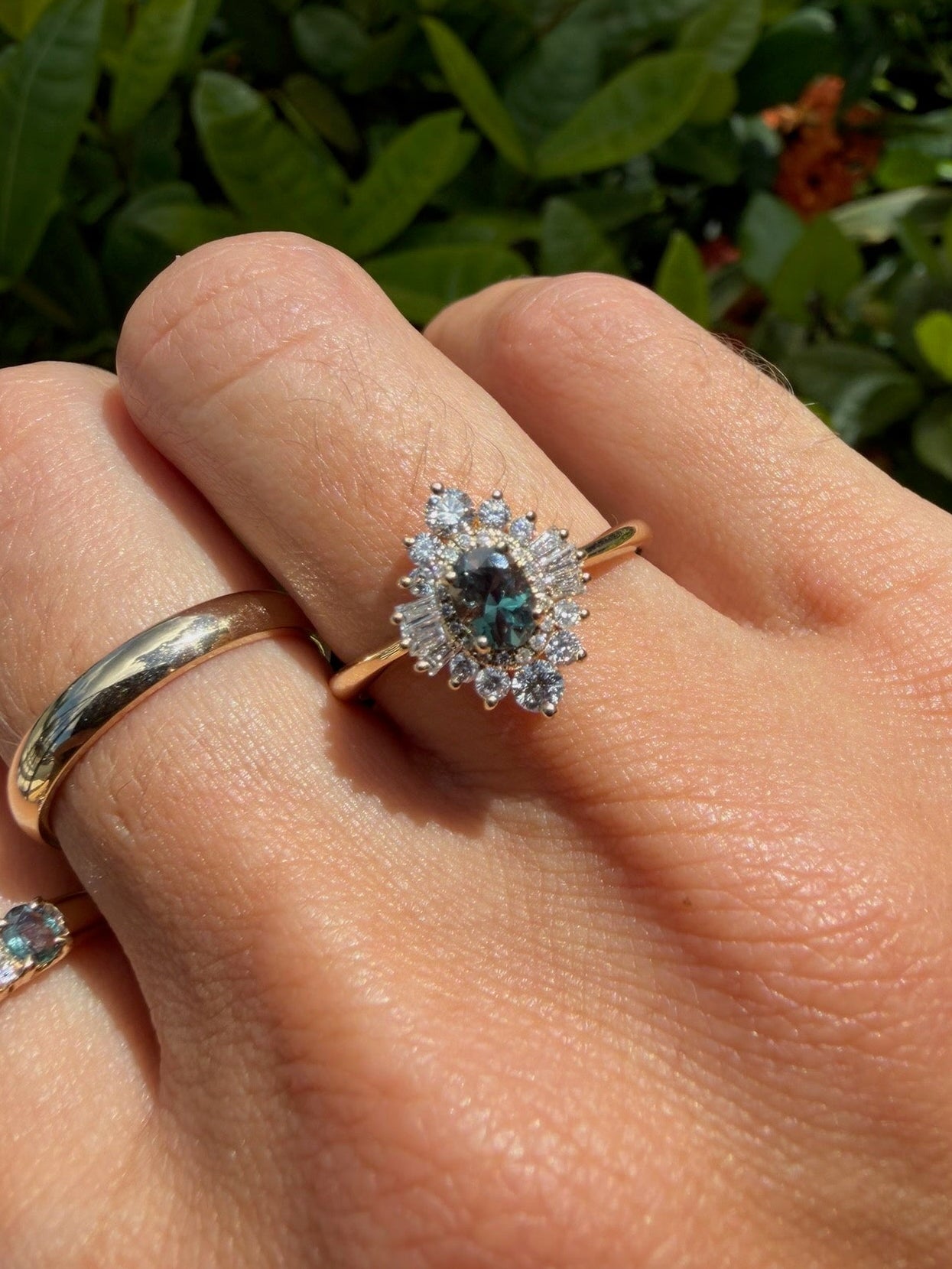 Oval Alexandrite Ring with Ballerina Halo