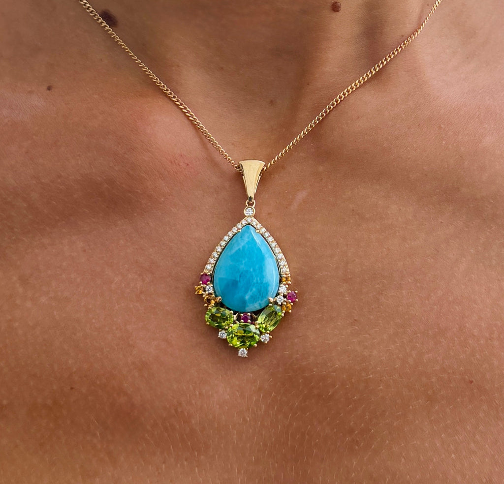 Larimar Teardrop with Peridot, Ruby, Diamonds, and Citrine