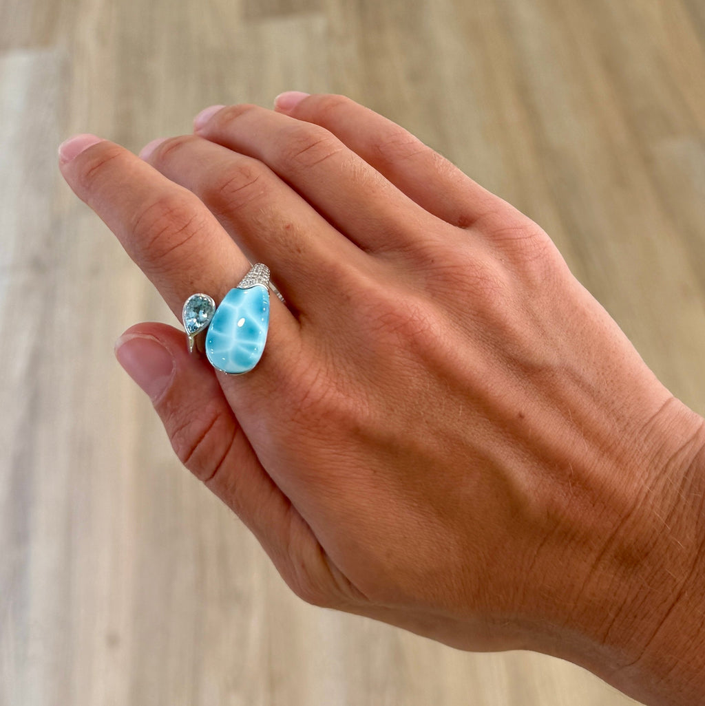 Larimar, Aquamarine, and Topaz Wrap Ring
