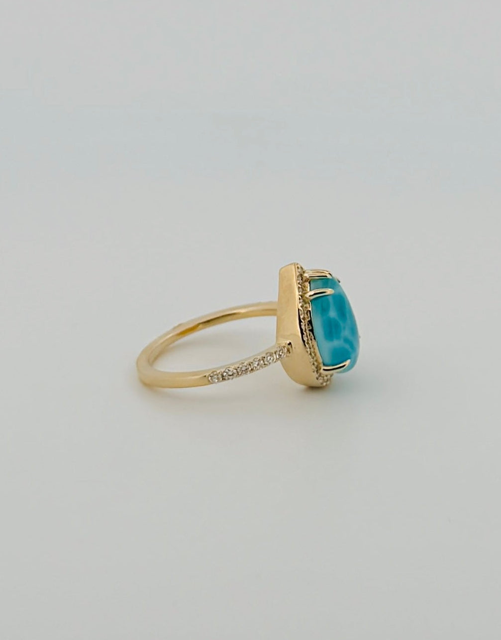 Pear Larimar and Diamond Halo Ring