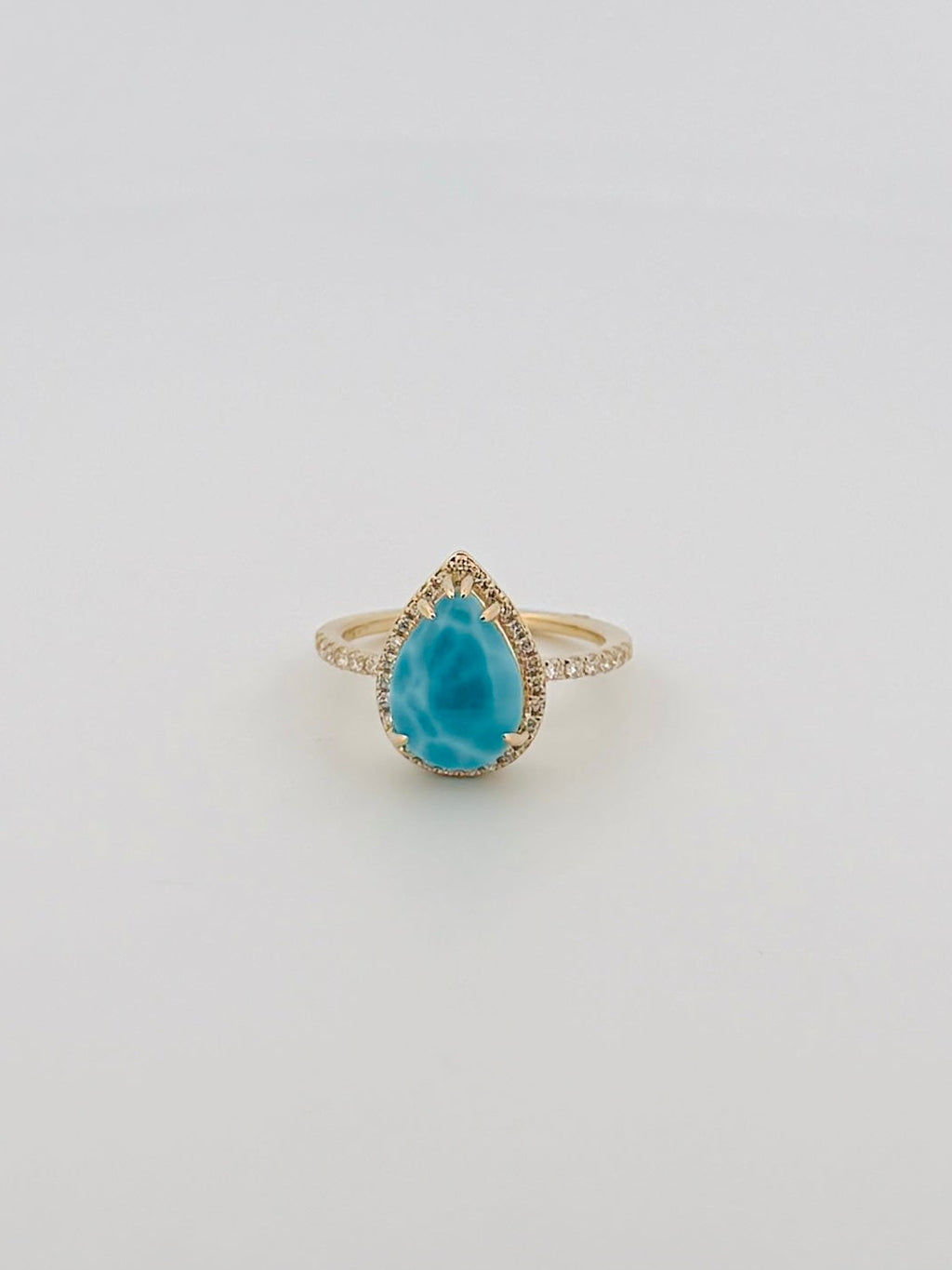 Pear Larimar and Diamond Halo Ring