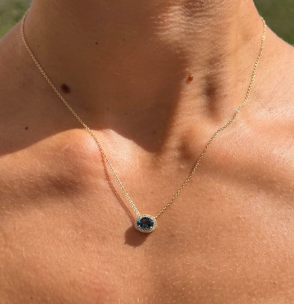 London Blue Topaz and Diamond Halo Pendant Necklace