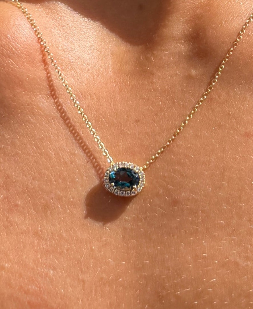 London Blue Topaz and Diamond Halo Pendant Necklace