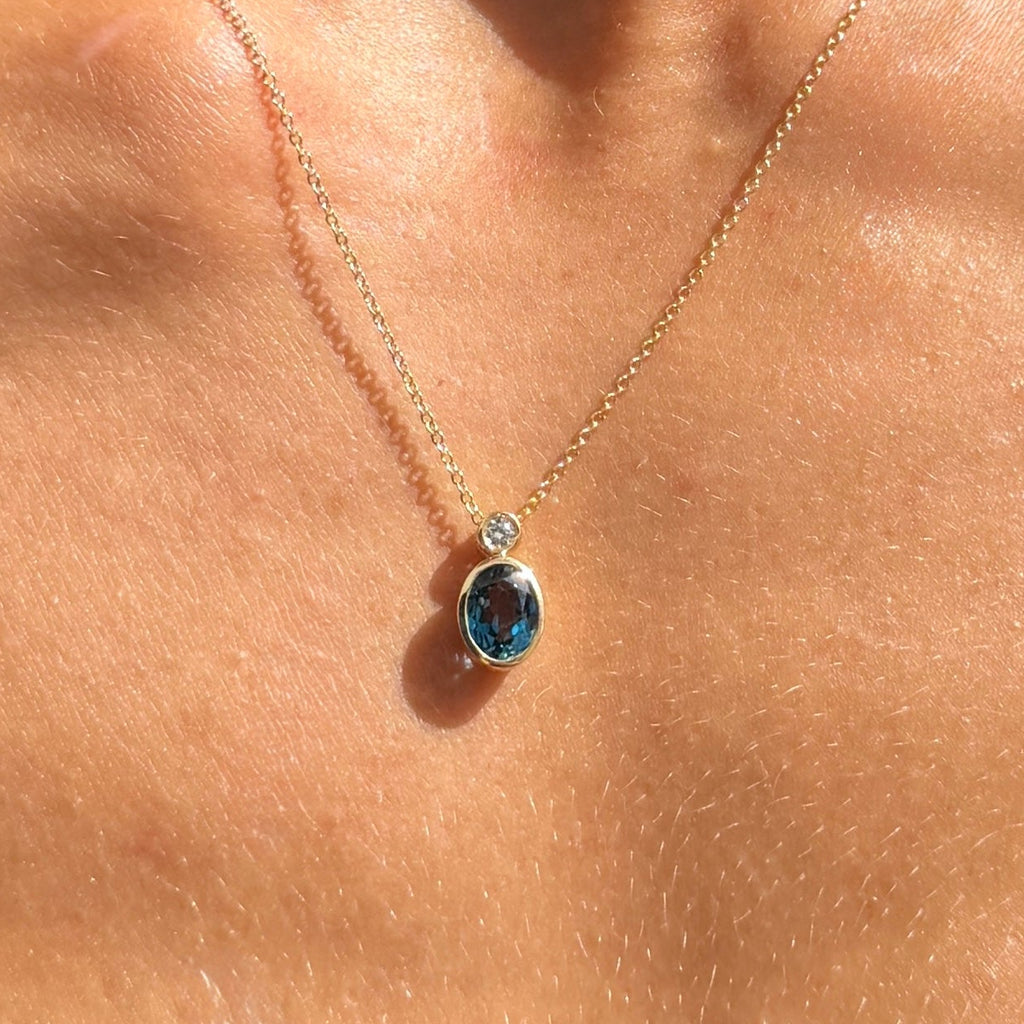 London Blue Topaz and Diamond Bezel Pendant Necklace