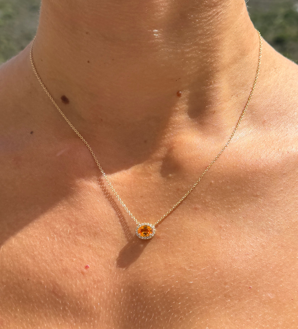 Orange Sapphire and Diamond Halo Pendant Necklace