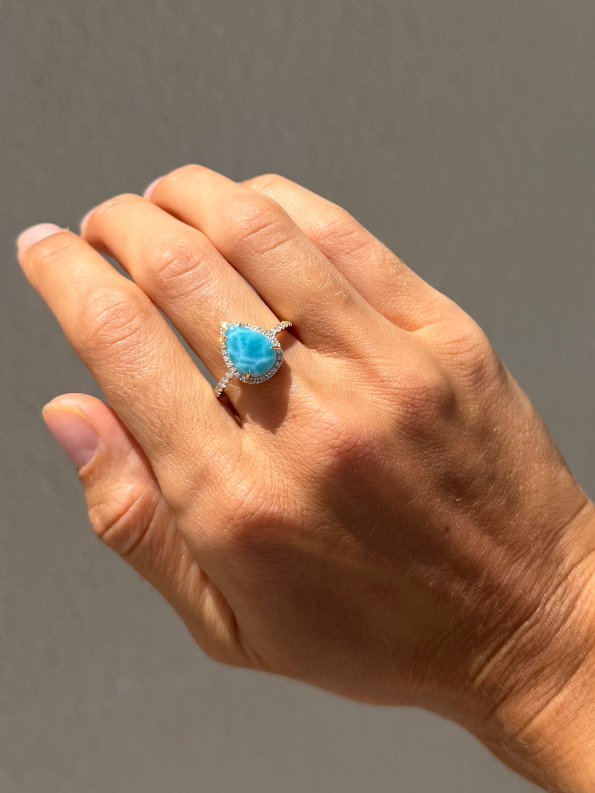 Pear Larimar and Diamond Halo Ring