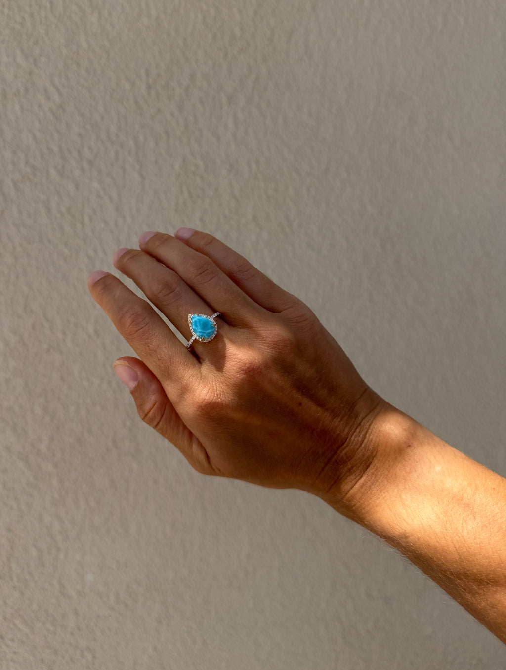 Pear Larimar and Diamond Halo Ring
