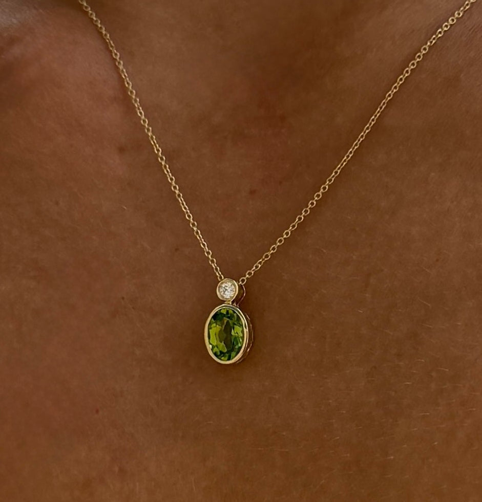 Peridot and Diamond Bezel Pendant Necklace