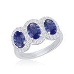 Sapphire Trio Ring with Diamond Halos