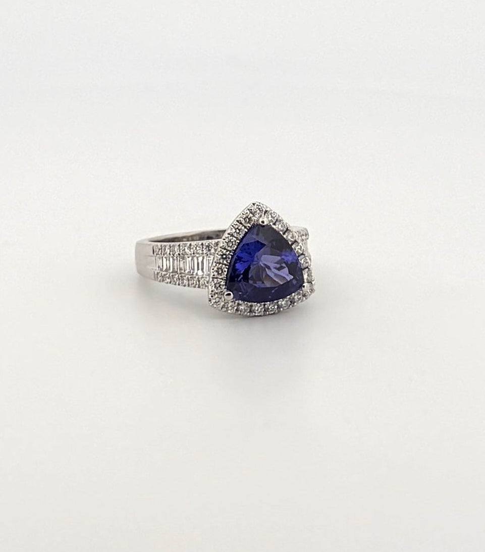 Tanzanite Trillion Cut Cocktail Ring with Diamond Halo and Band