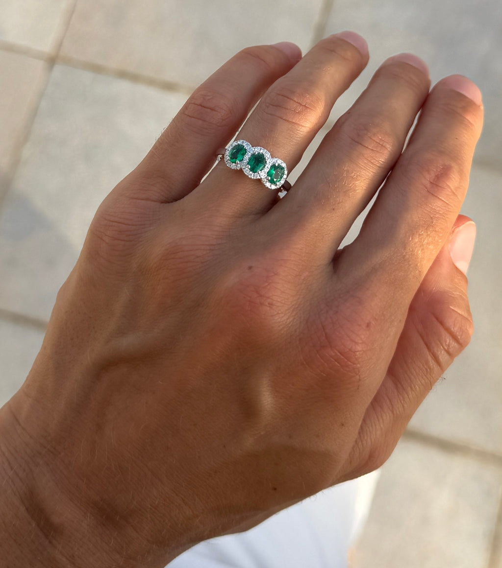 Emerald Trio Ring with Diamond Halos