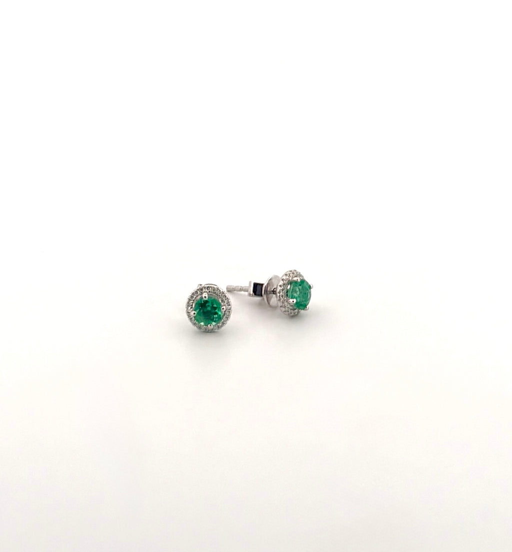 Emerald Round Stud Earrings with Diamond Halos