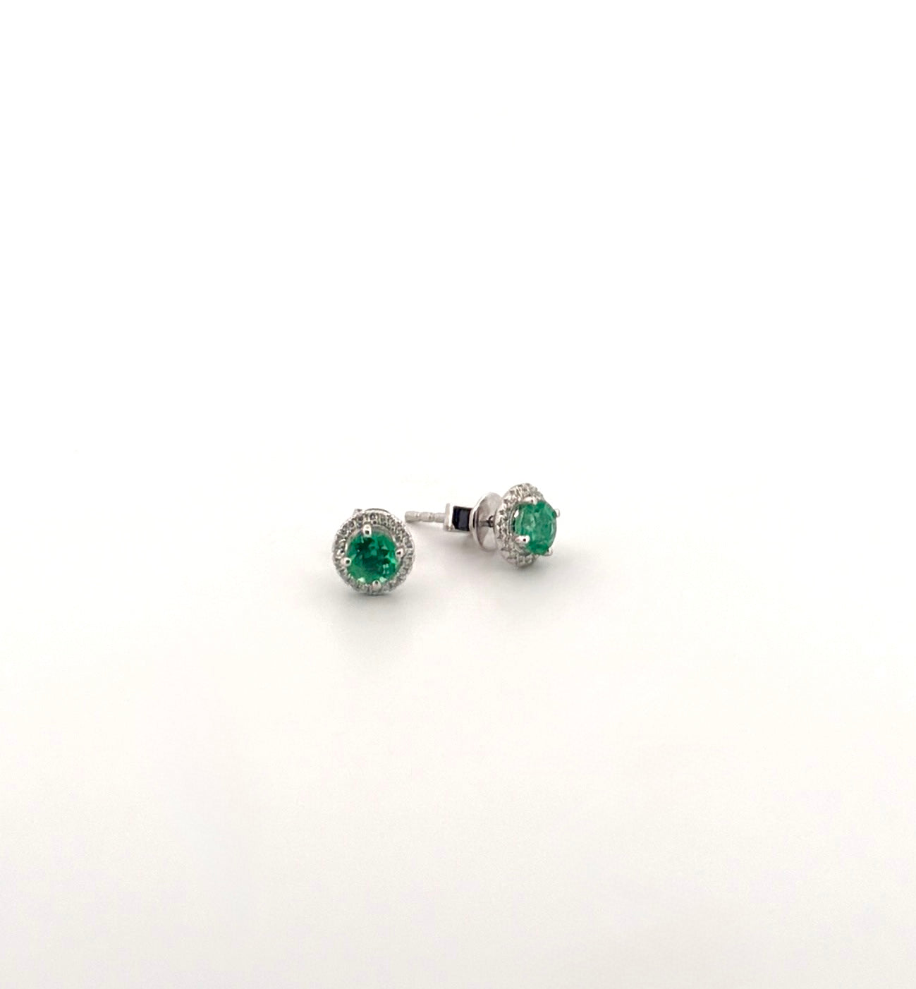 Emerald Round Stud Earrings with Diamond Halos