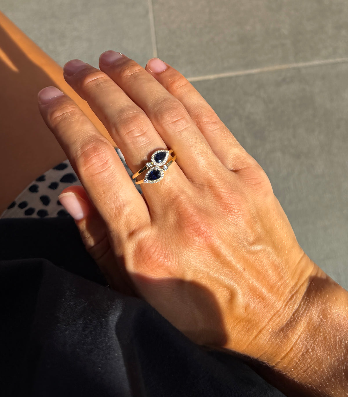 Sapphire Pears and Diamond Double Band Ring