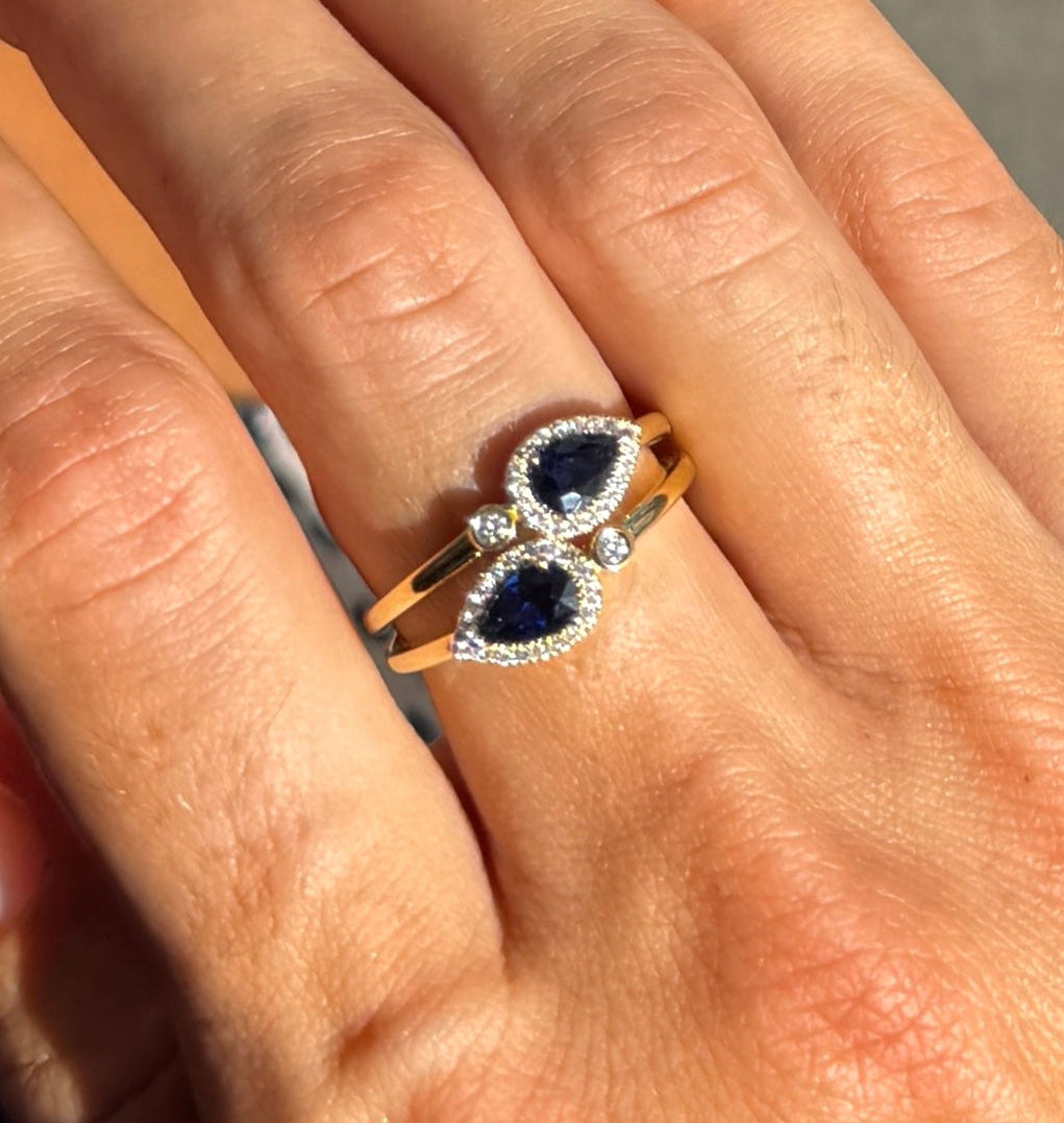 Sapphire Pears and Diamond Double Band Ring
