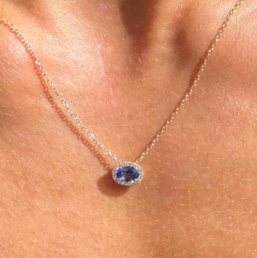 Tanzanite and Diamond Halo Pendant Necklace