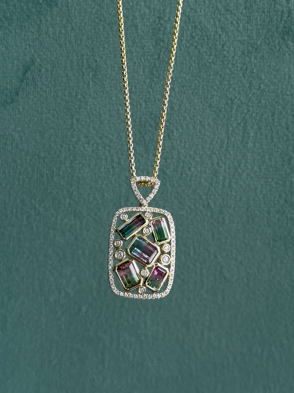 Watermelon Tourmaline and Diamond Pendant Necklace
